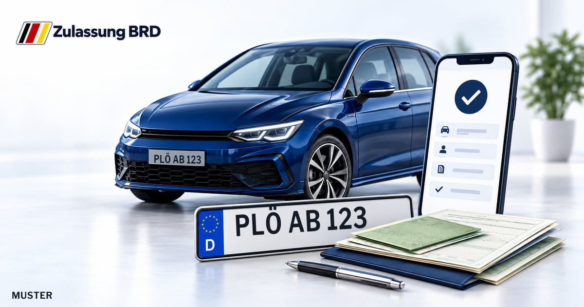 Online Fahrzeugzulassung in Plön: Musterkennzeichen PLÖ AB 123, Auto und Fahrzeugpapiere und Smartphone. Illustration mit Logo von Zulassung BRD.